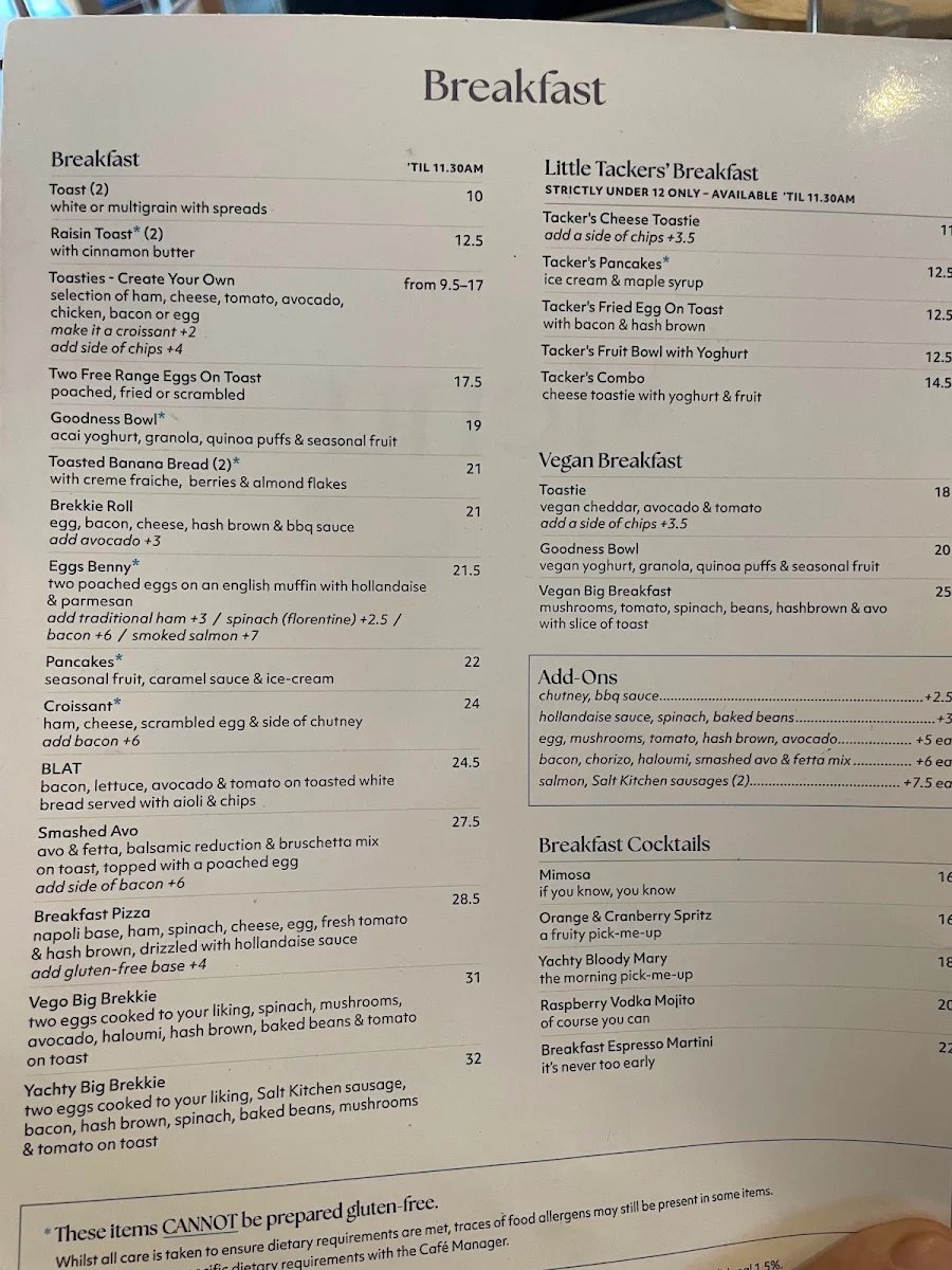 Menu, The Yacht Club Ballarat