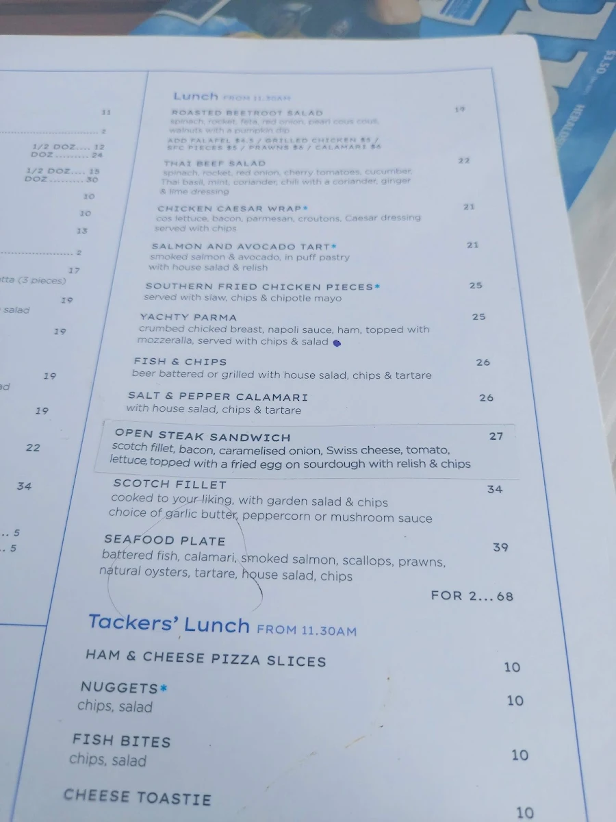 Menu, The Yacht Club Ballarat