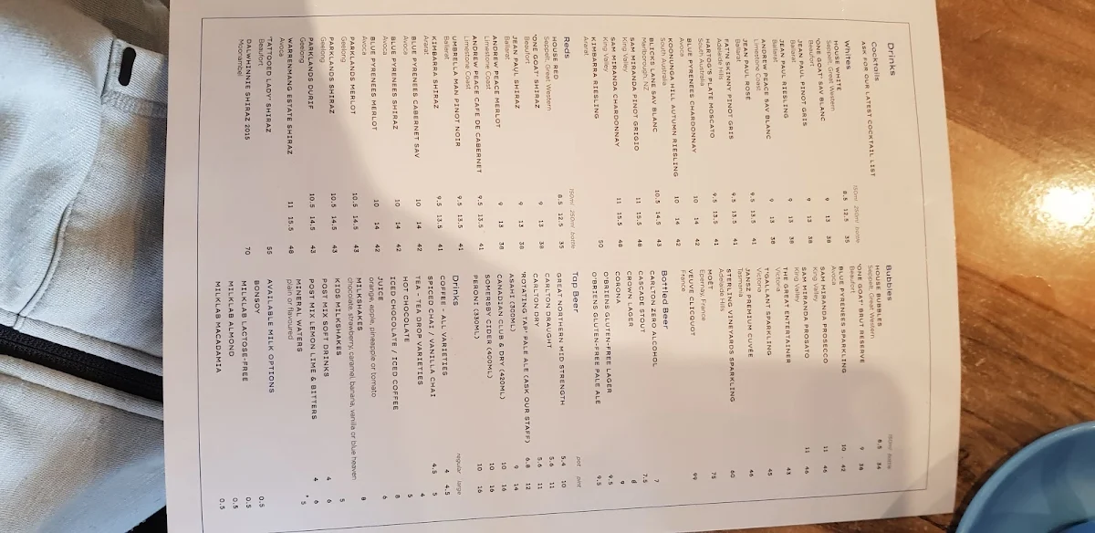 Menu, The Yacht Club Ballarat