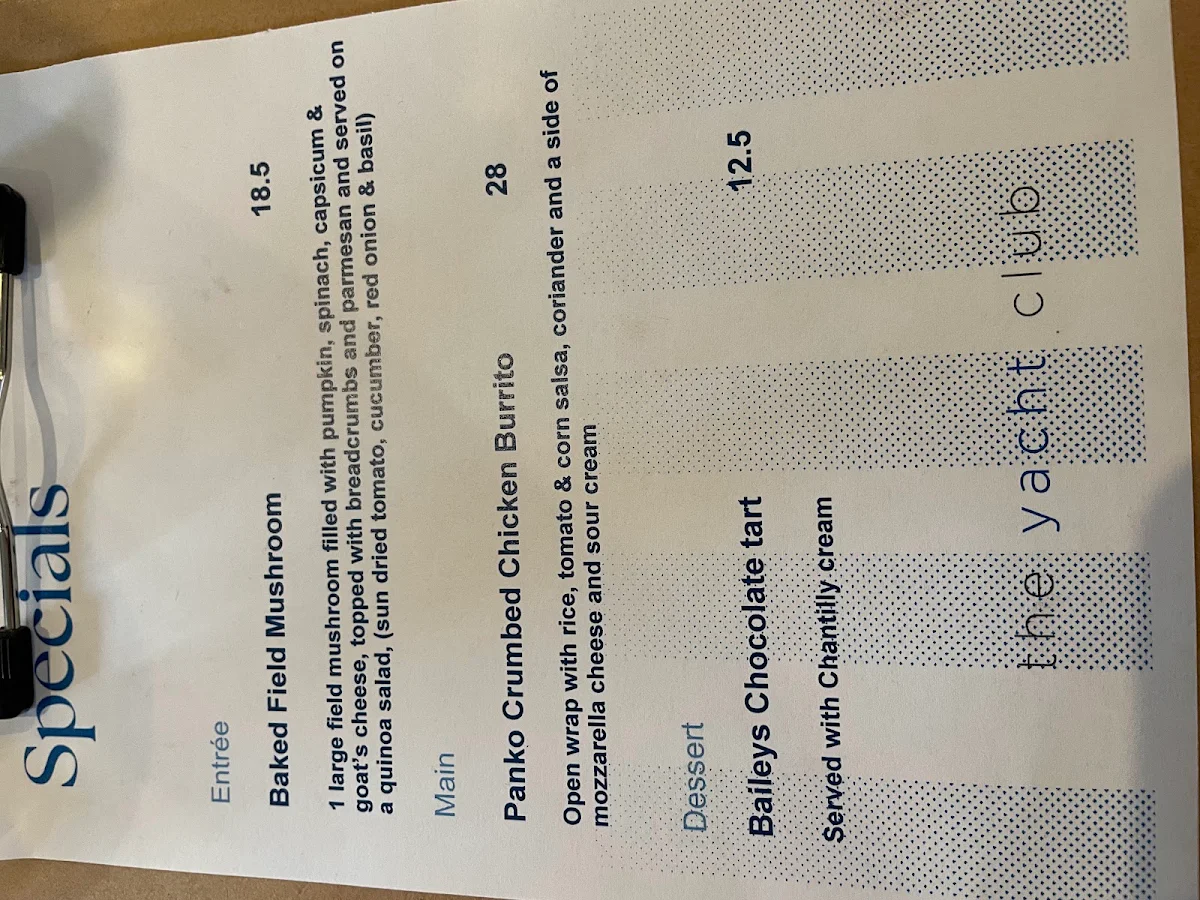 Menu, The Yacht Club Ballarat