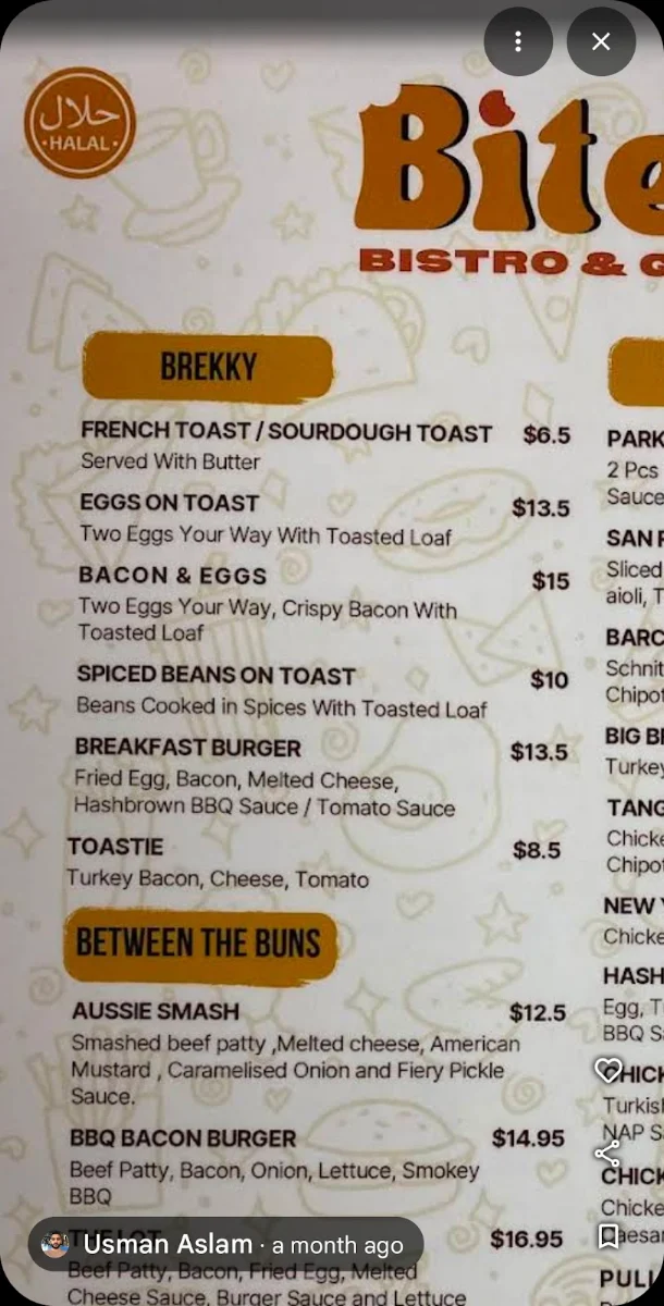 Menu, Bites Bistro & Grill