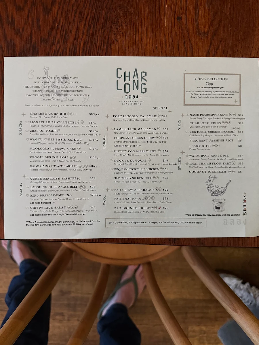 Menu, Charlong Melbourne