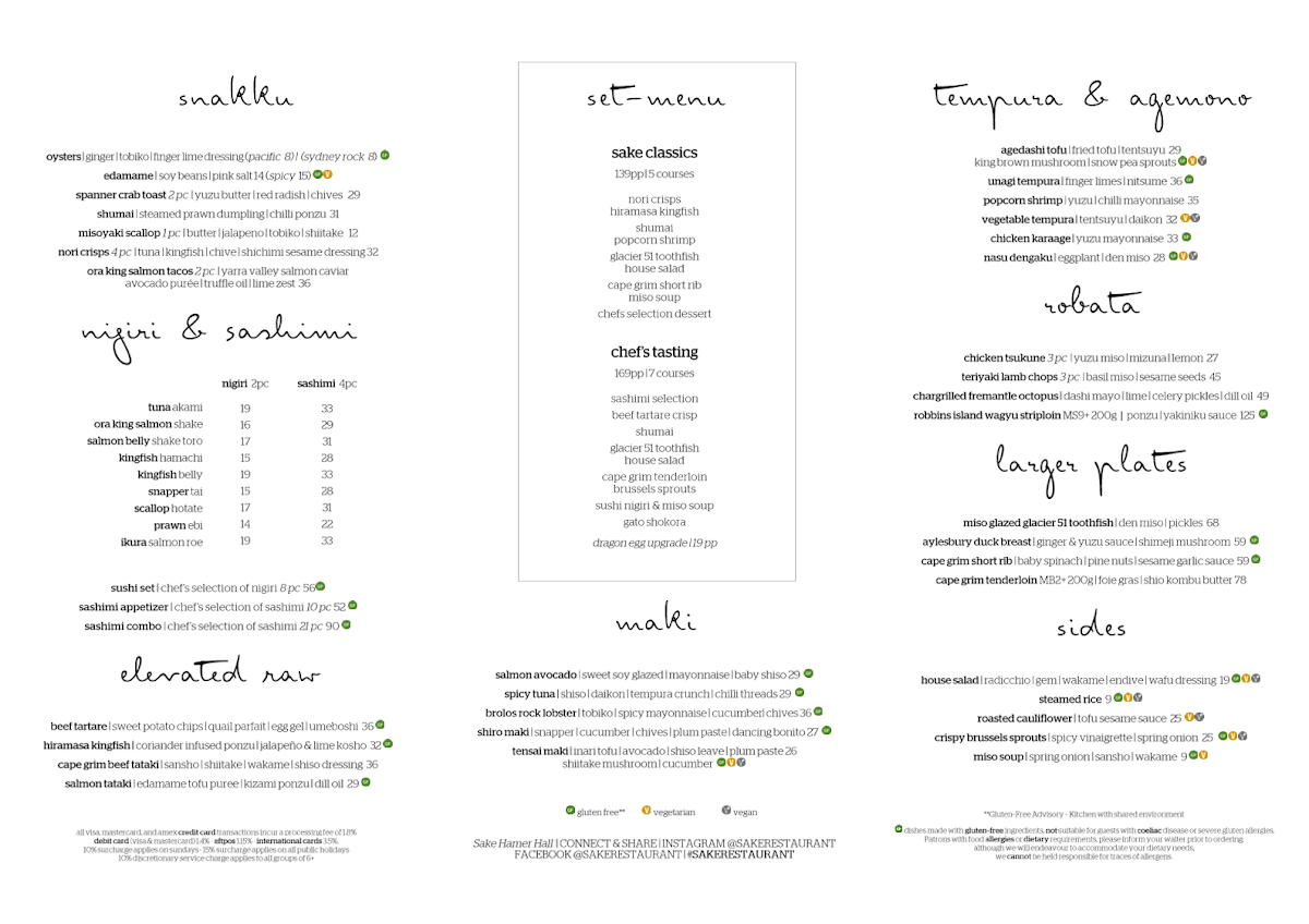 Menu, Saké Restaurant & Bar Hamer Hall