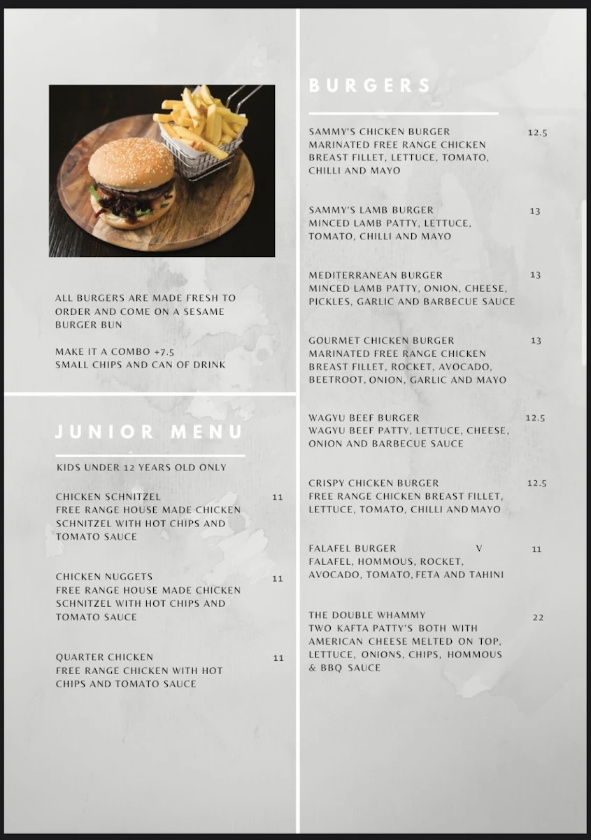 Menu, Sammy's Restaurant