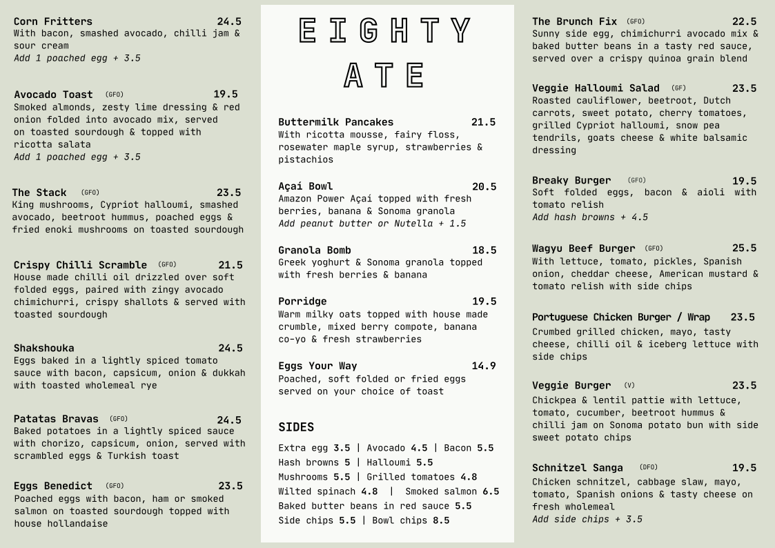 Menu, Eighty Ate