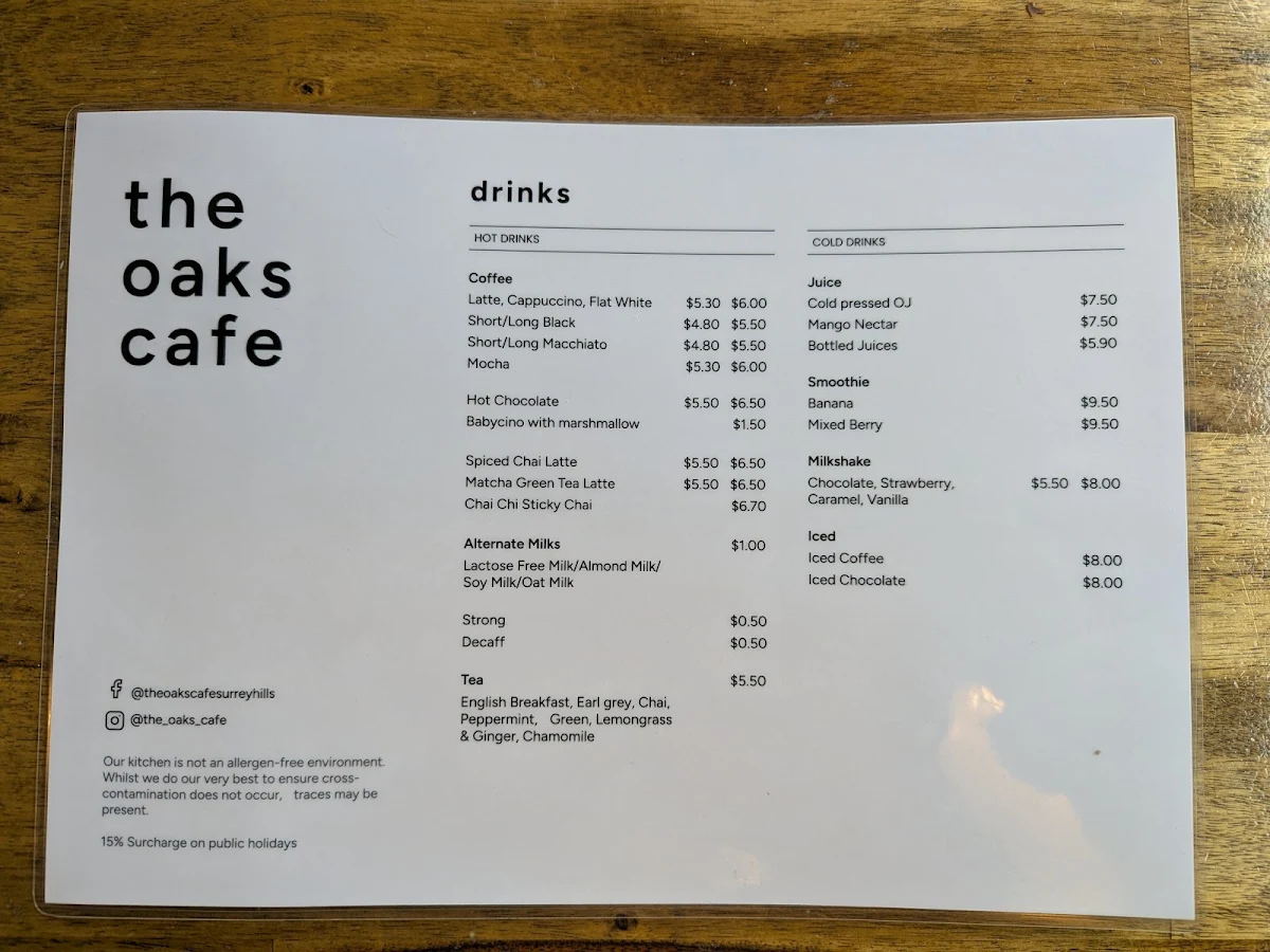 Menu, The Oaks Cafe
