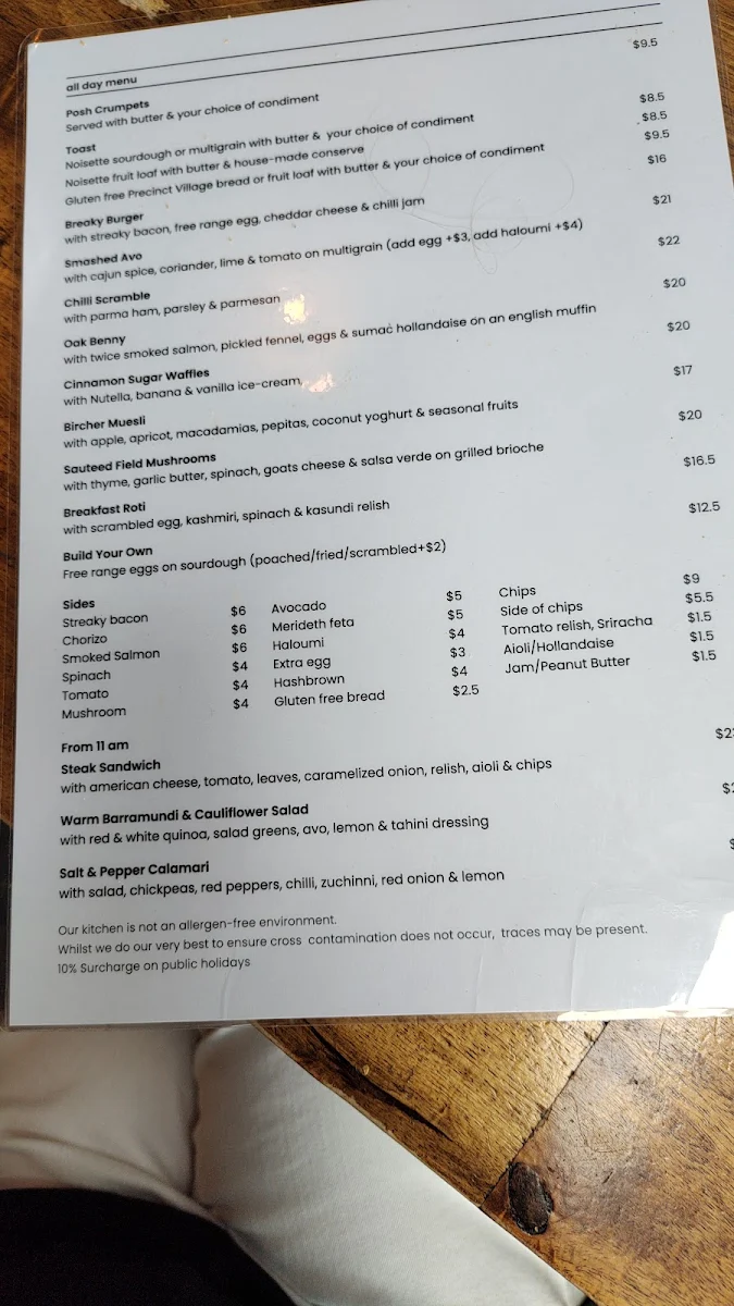 Menu, The Oaks Cafe