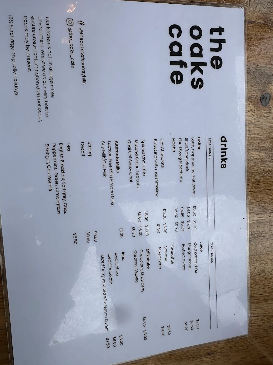 Menu, The Oaks Cafe