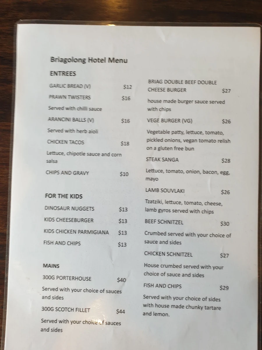 Menu, Briagolong Hotel