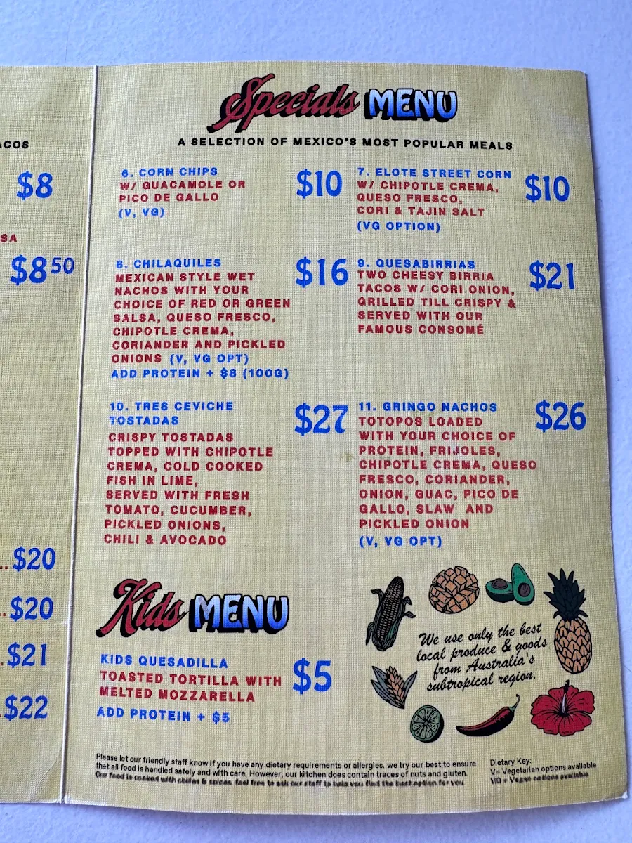 Menu, Costa Taco Burleigh