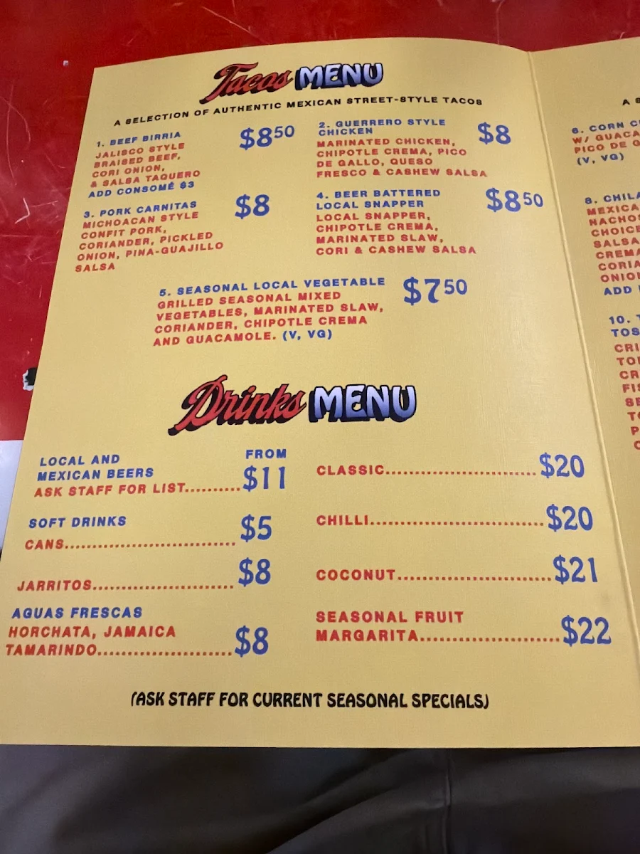 Menu, Costa Taco Burleigh