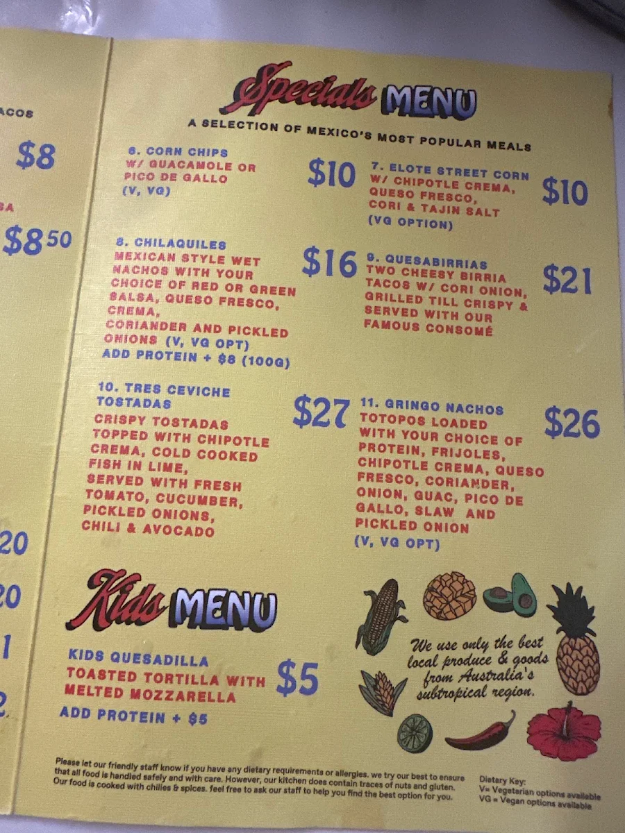Menu, Costa Taco Burleigh