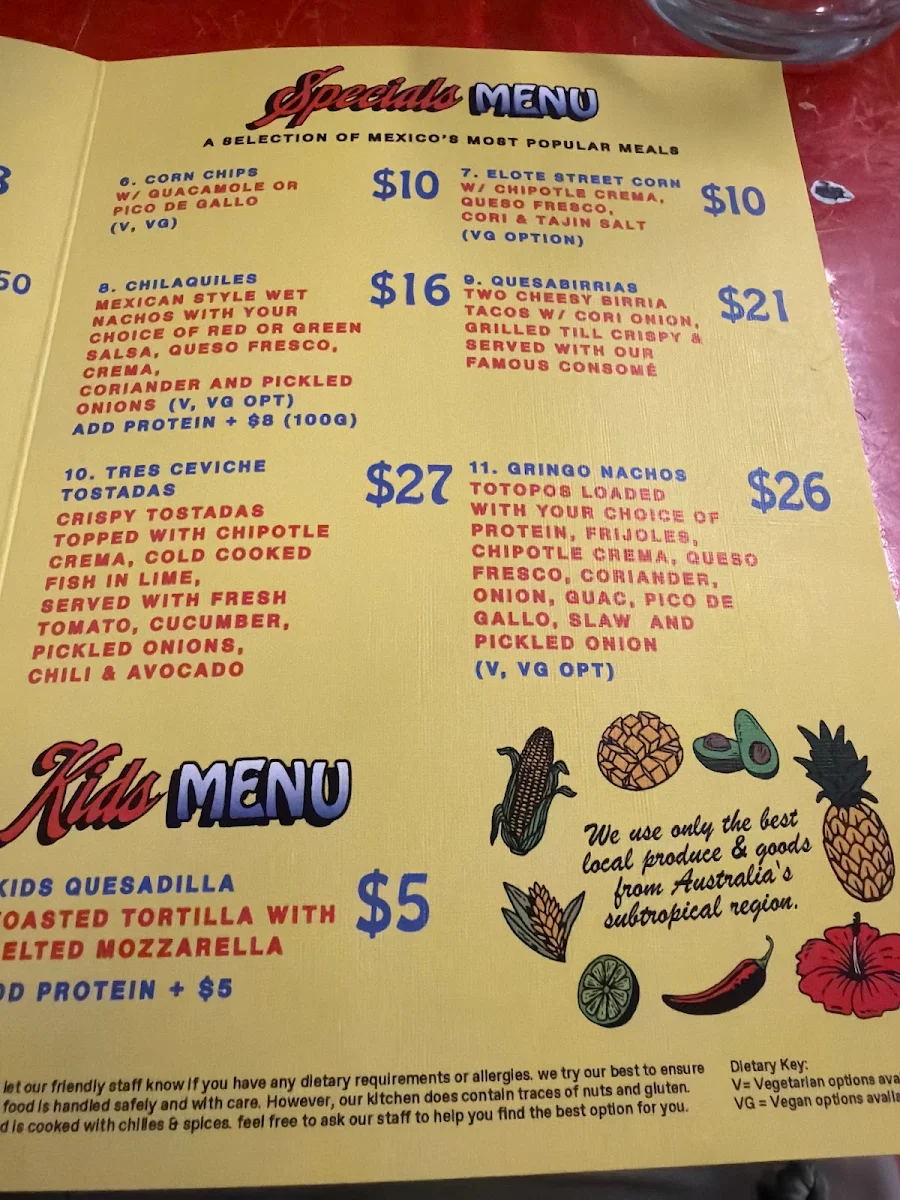 Menu, Costa Taco Burleigh