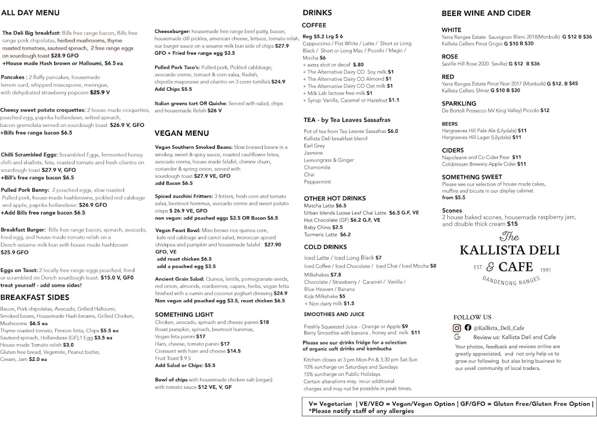 Menu, Kallista Deli Cafe