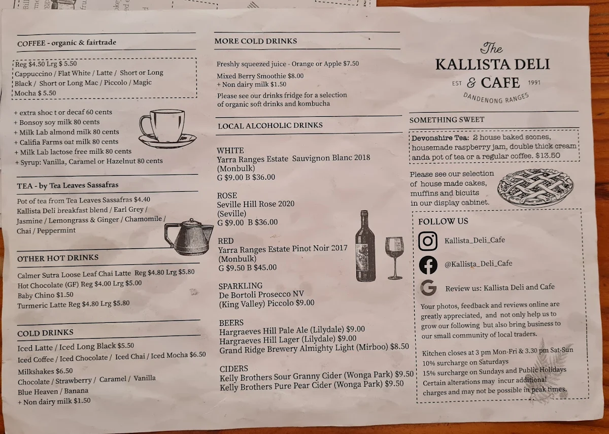 Menu, Kallista Deli Cafe