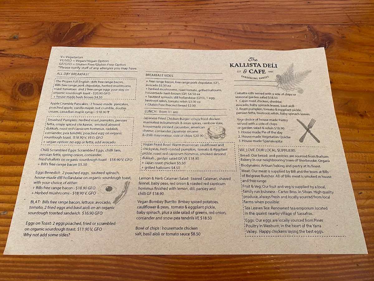 Menu, Kallista Deli Cafe