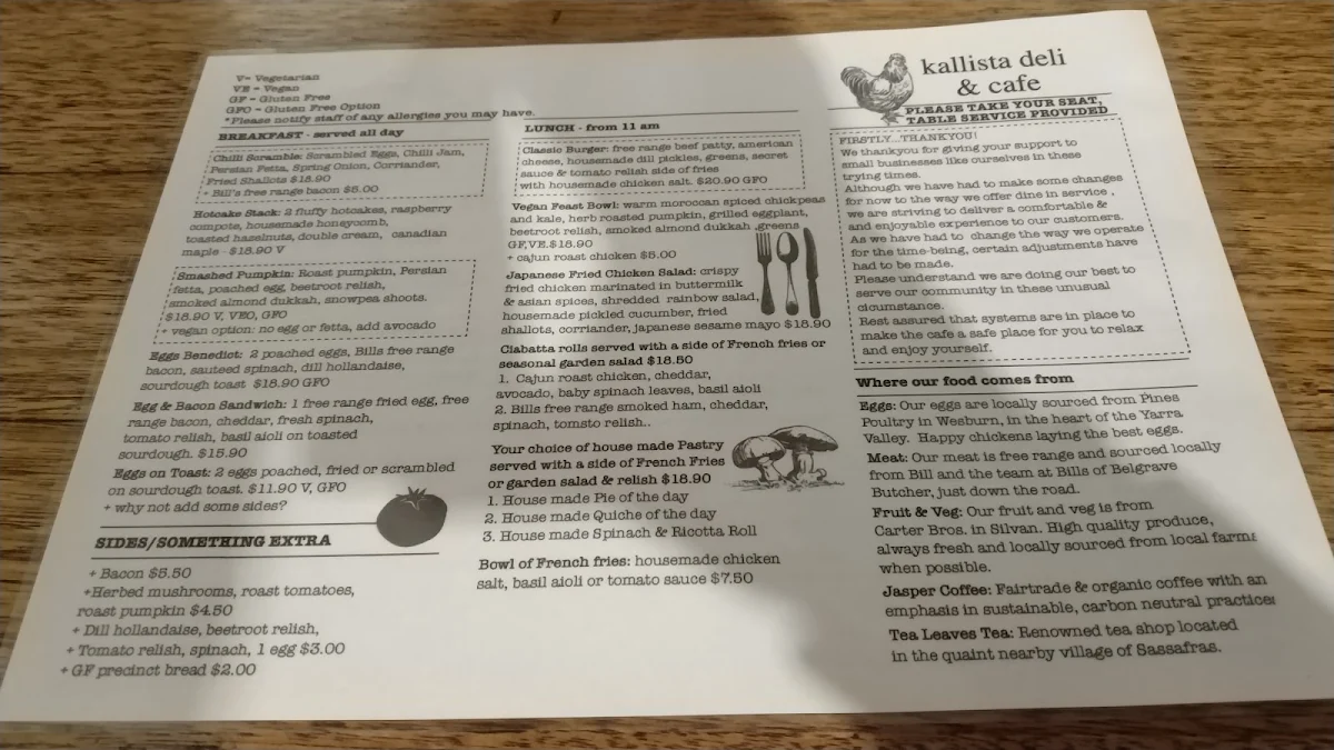 Menu, Kallista Deli Cafe