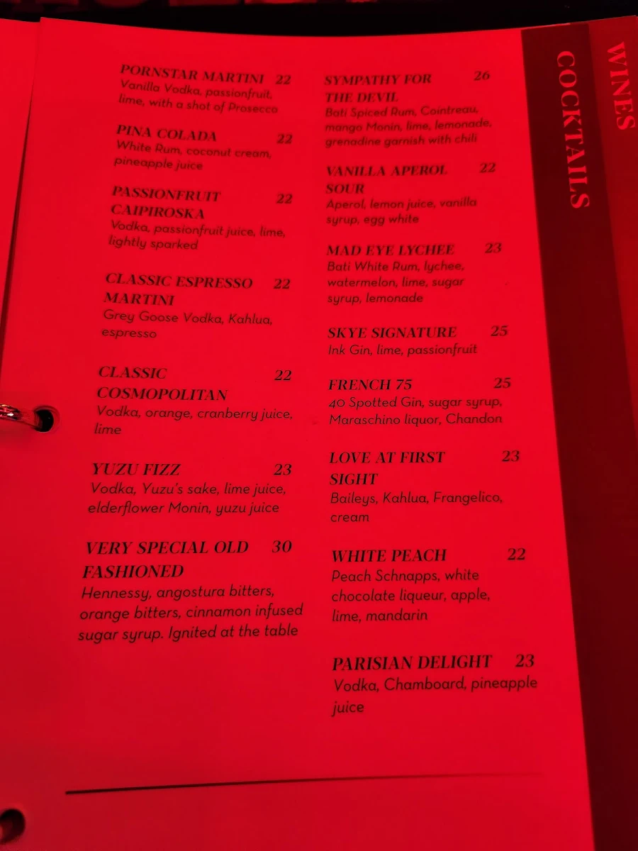 Menu, Skye Bar & Lounge