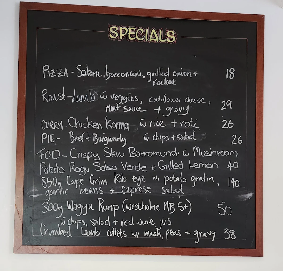 Menu, Rising Sun Hotel South Melbourne