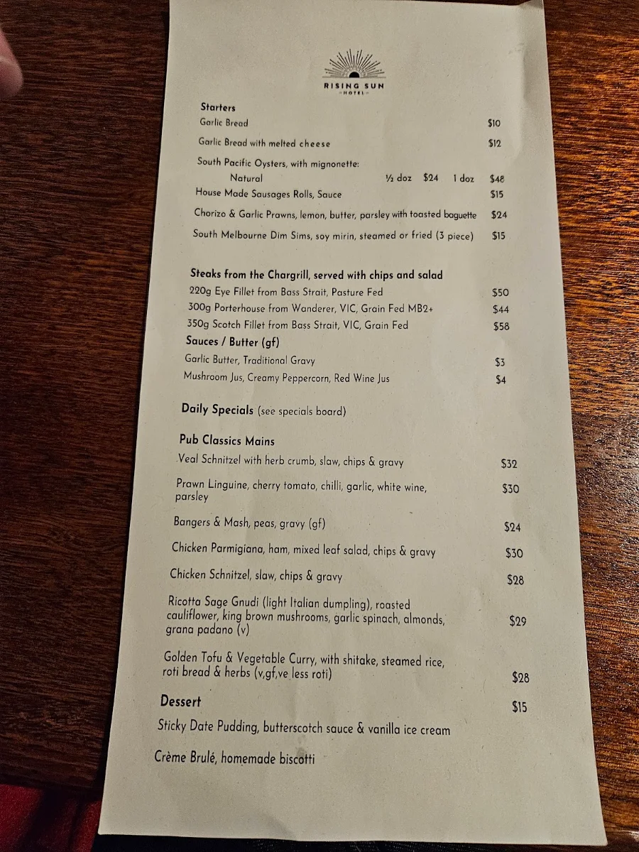 Menu, Rising Sun Hotel South Melbourne