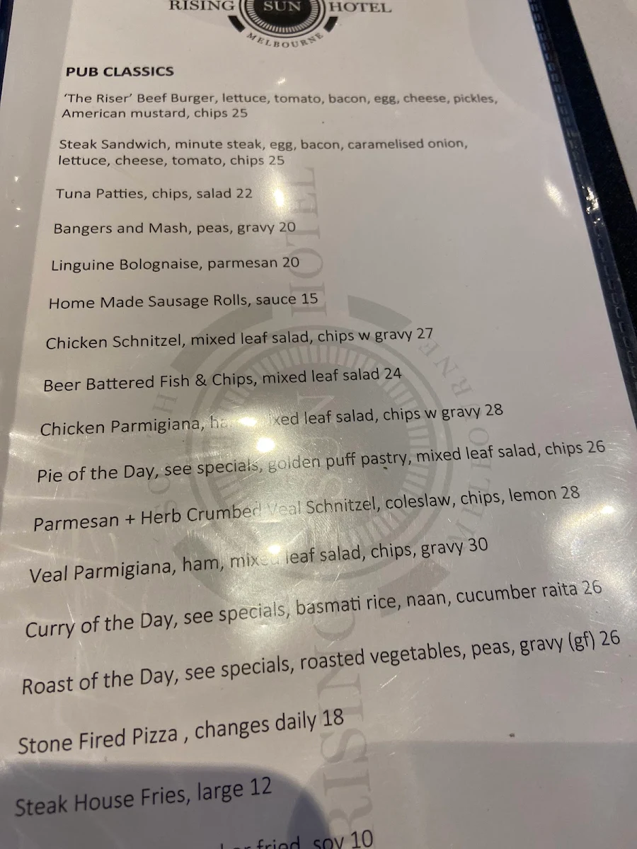 Menu, Rising Sun Hotel South Melbourne