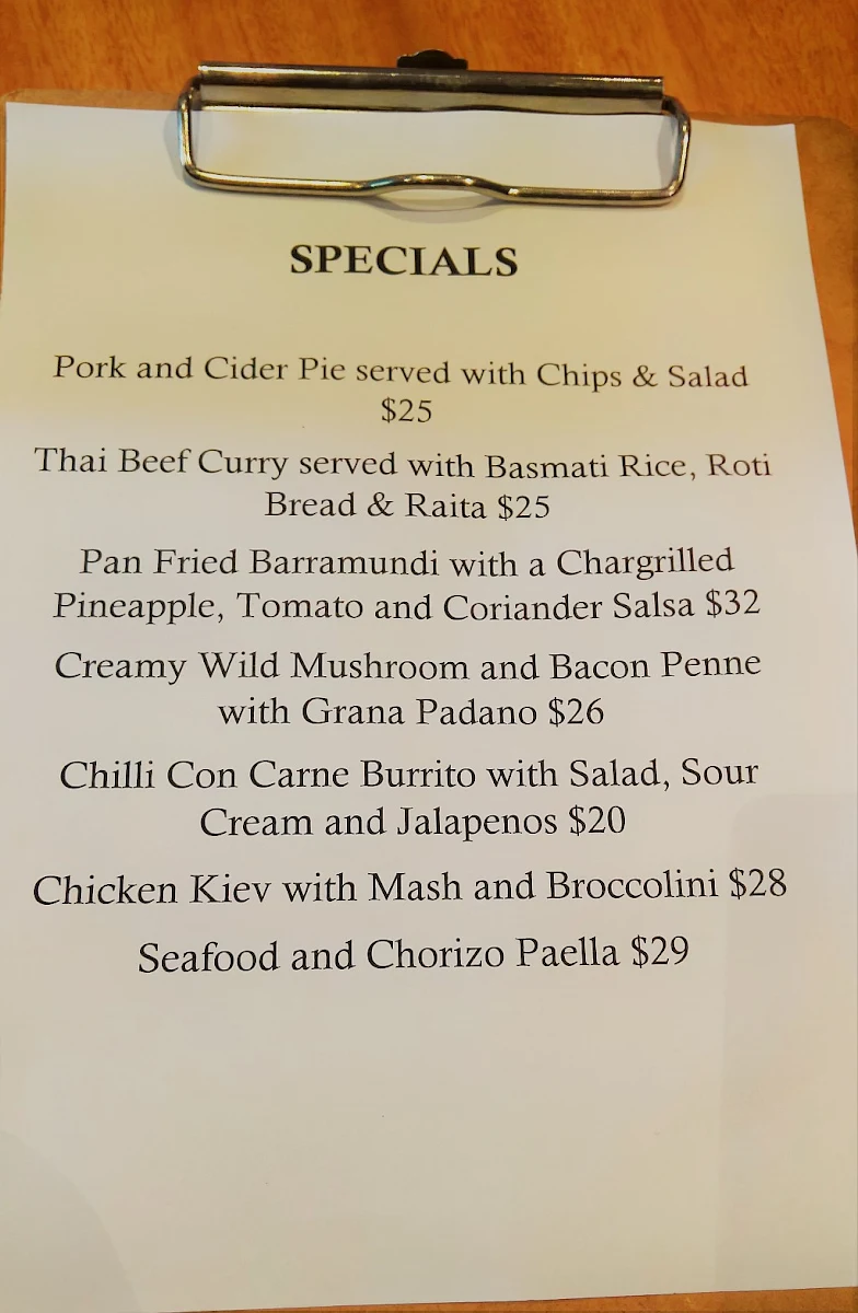 Menu, Rising Sun Hotel South Melbourne