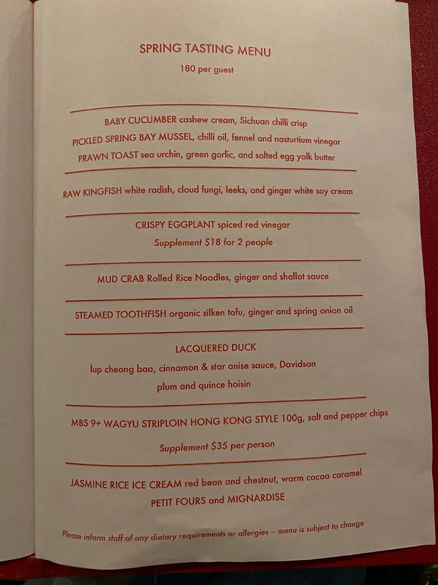 Menu, Lee Ho Fook