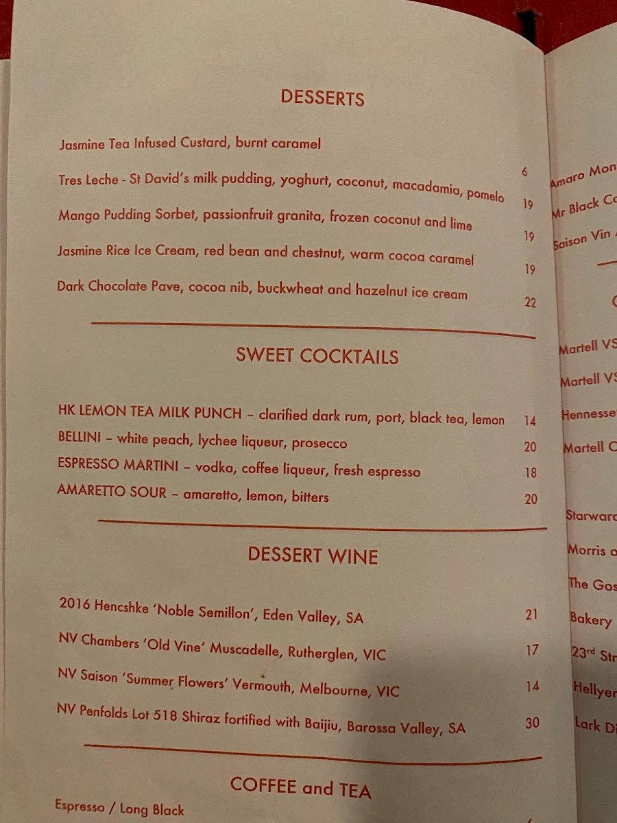 Menu, Lee Ho Fook