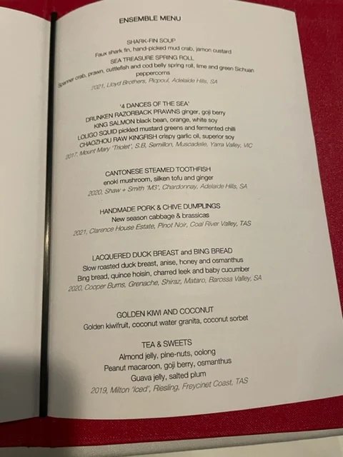 Menu, Lee Ho Fook