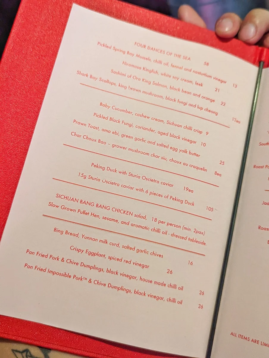 Menu, Lee Ho Fook