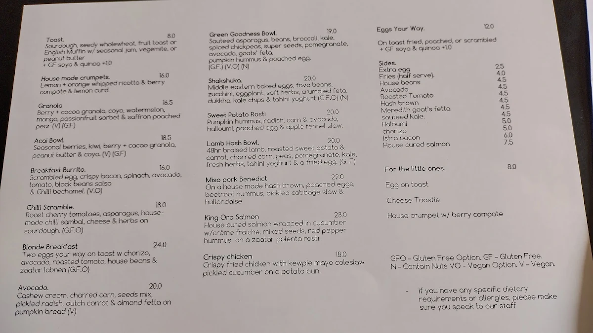 Menu, Blonde Food and Drink