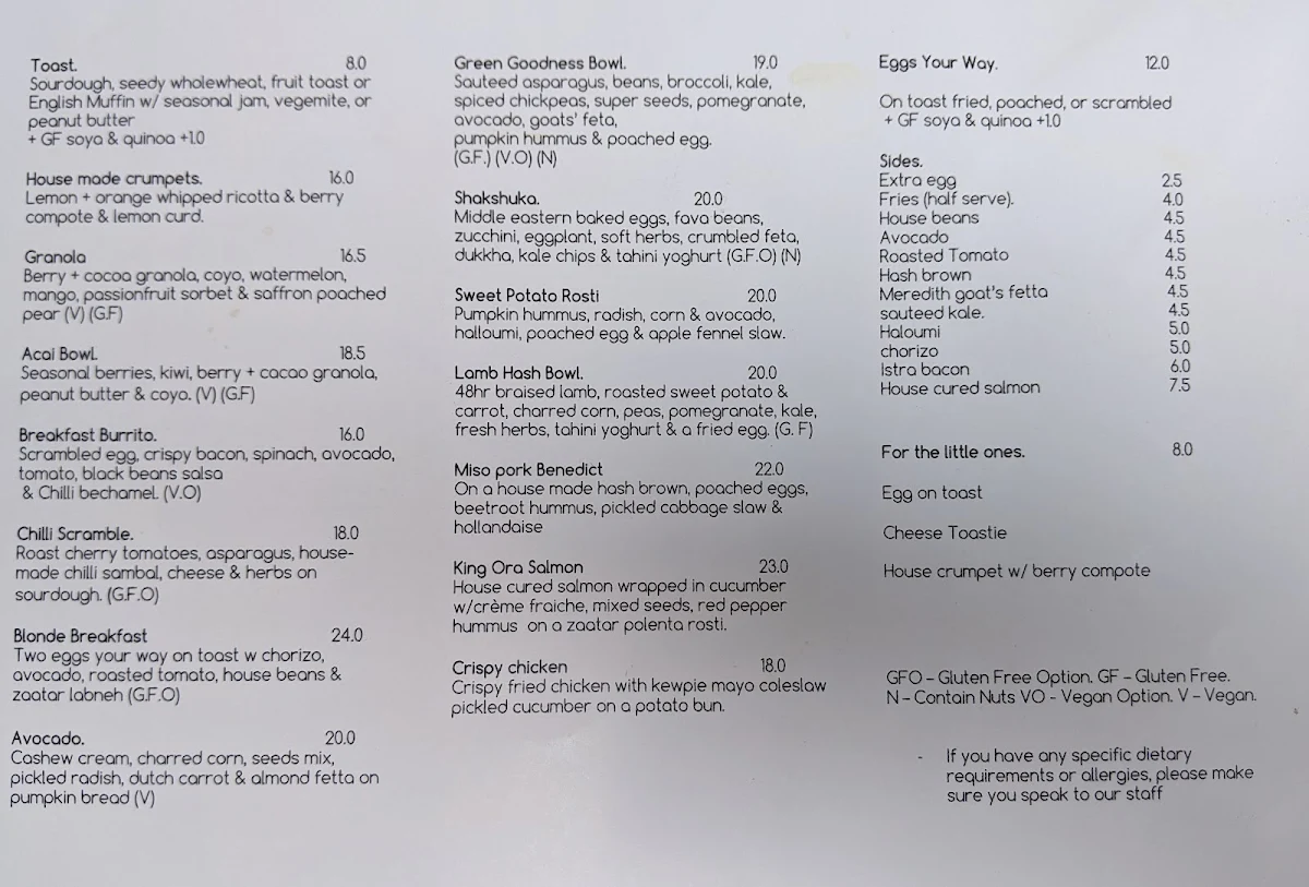 Menu, Blonde Food and Drink