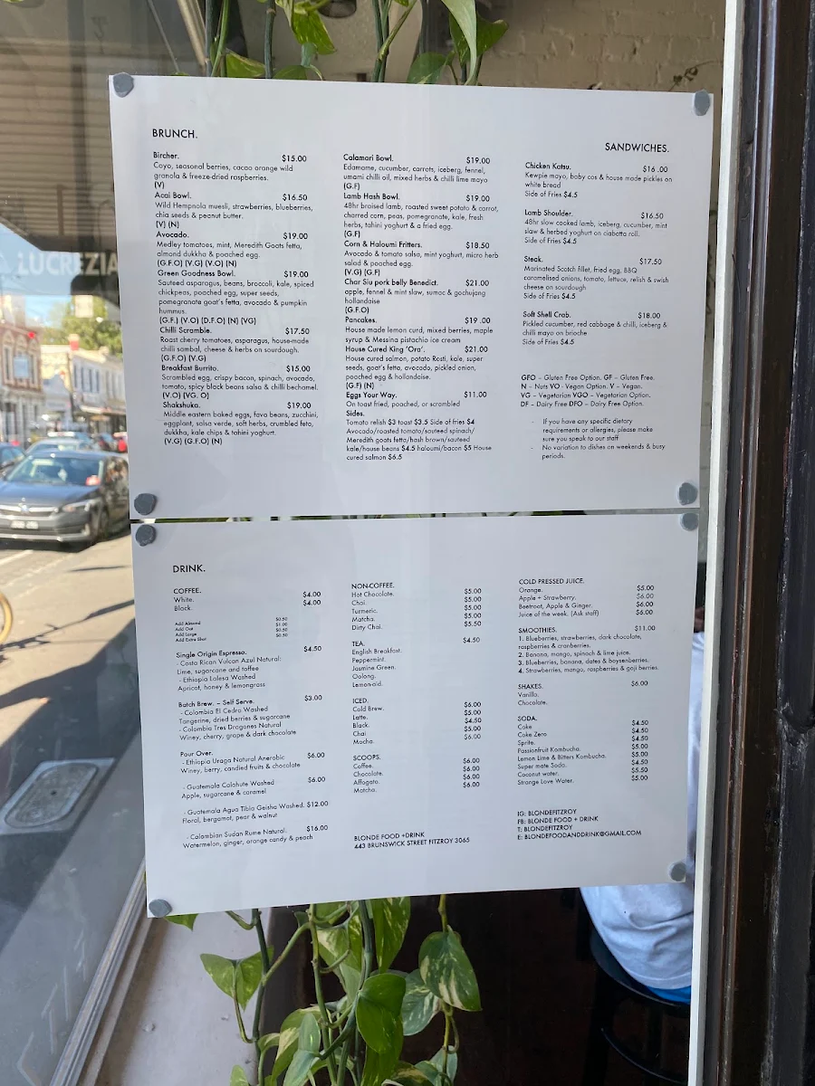 Menu, Blonde Food and Drink