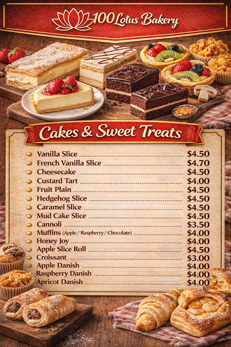 Menu, 100 Lotus Bakery