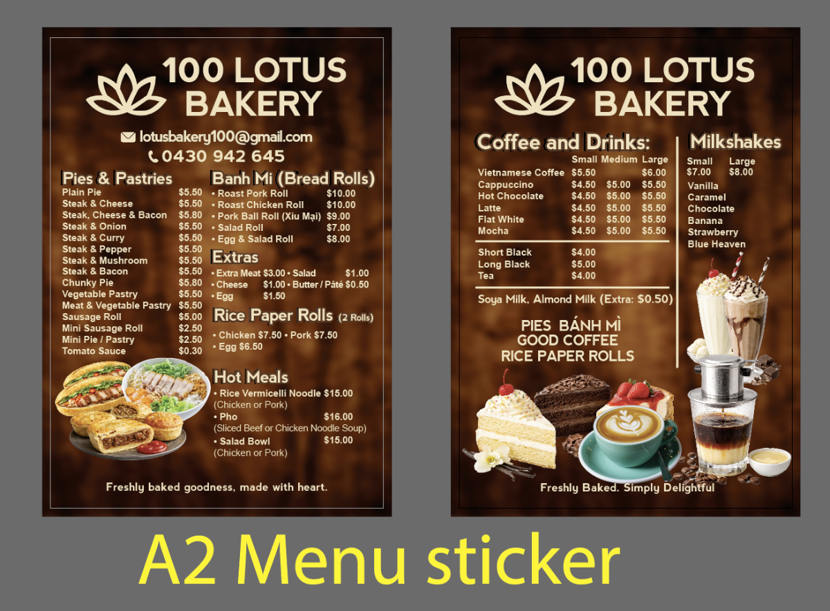 Menu, 100 Lotus Bakery
