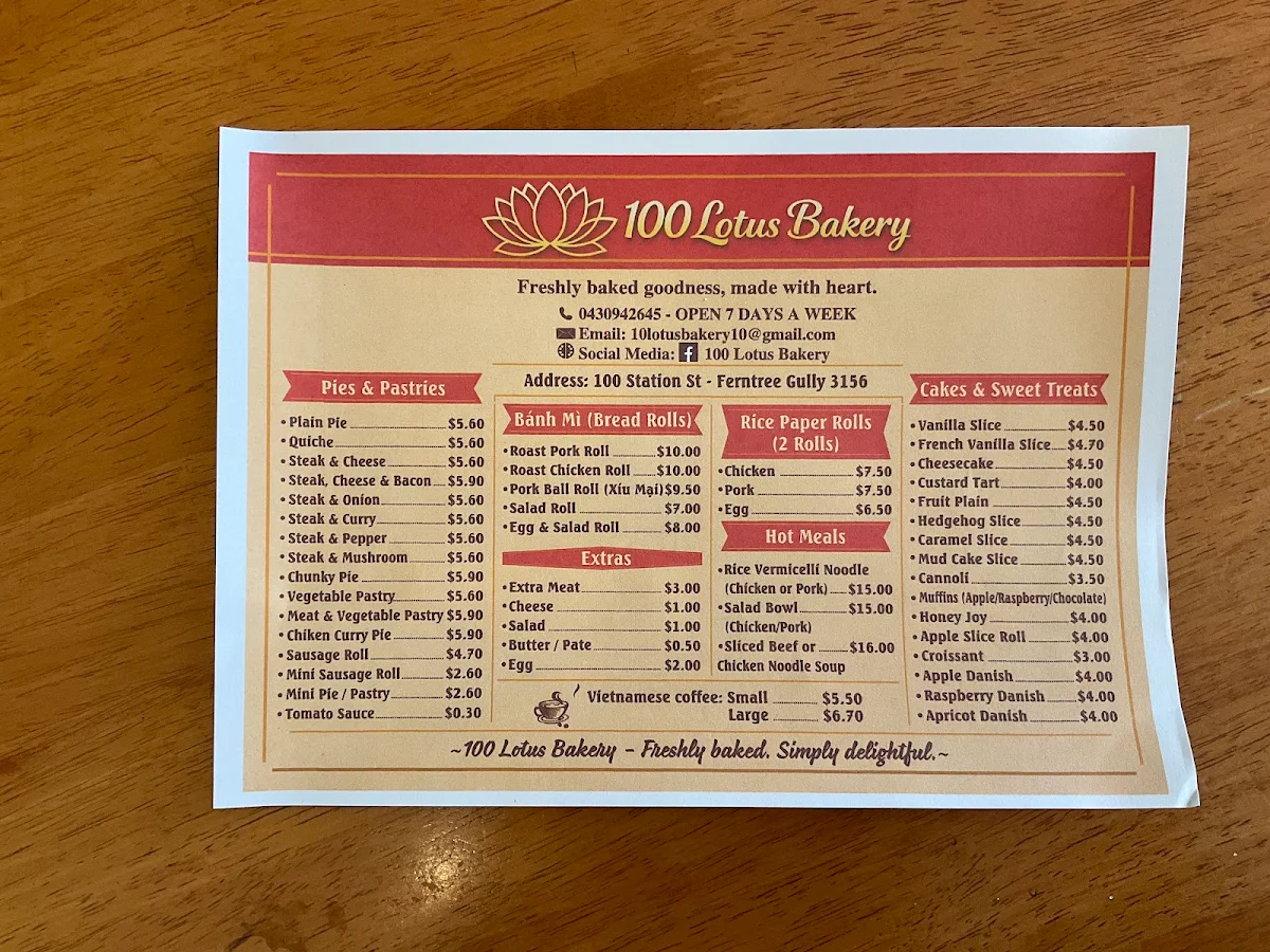 Menu, 100 Lotus Bakery