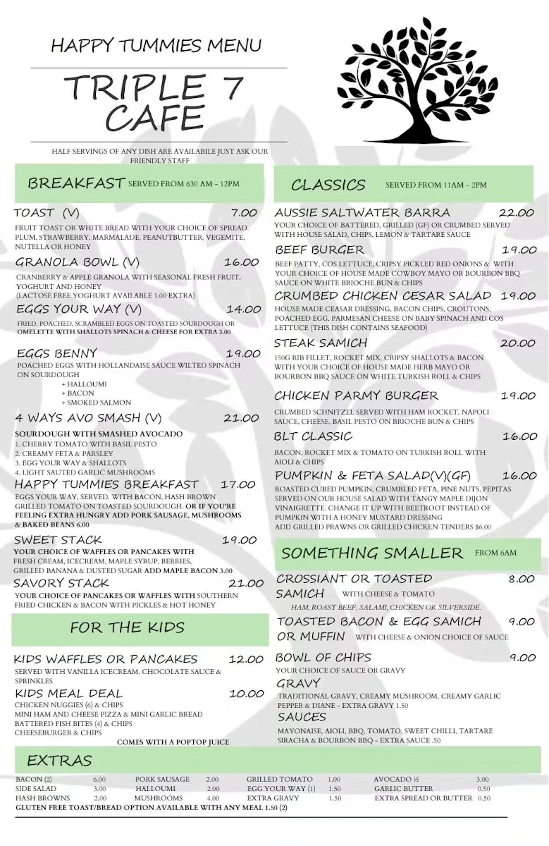 Menu, Triple 7 Cafe