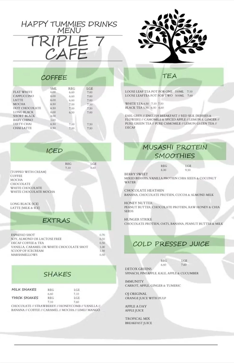 Menu, Triple 7 Cafe