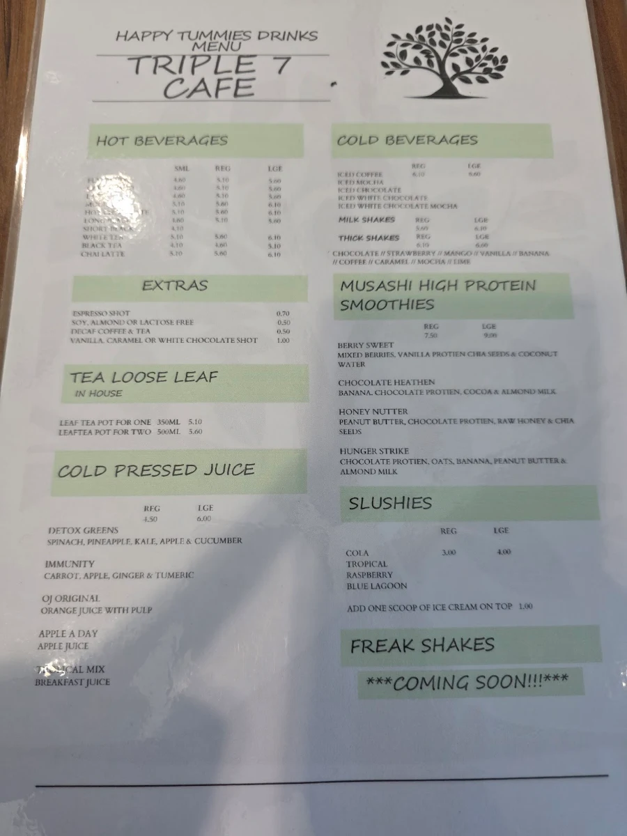 Menu, Triple 7 Cafe