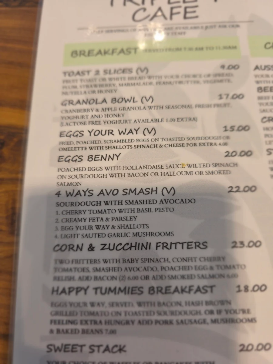 Menu, Triple 7 Cafe