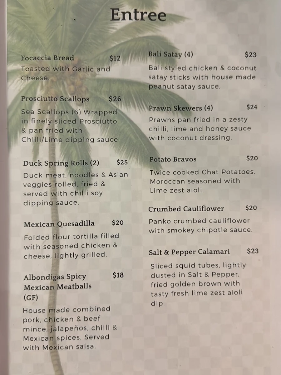 Menu, The Palms Restaurant & Bar