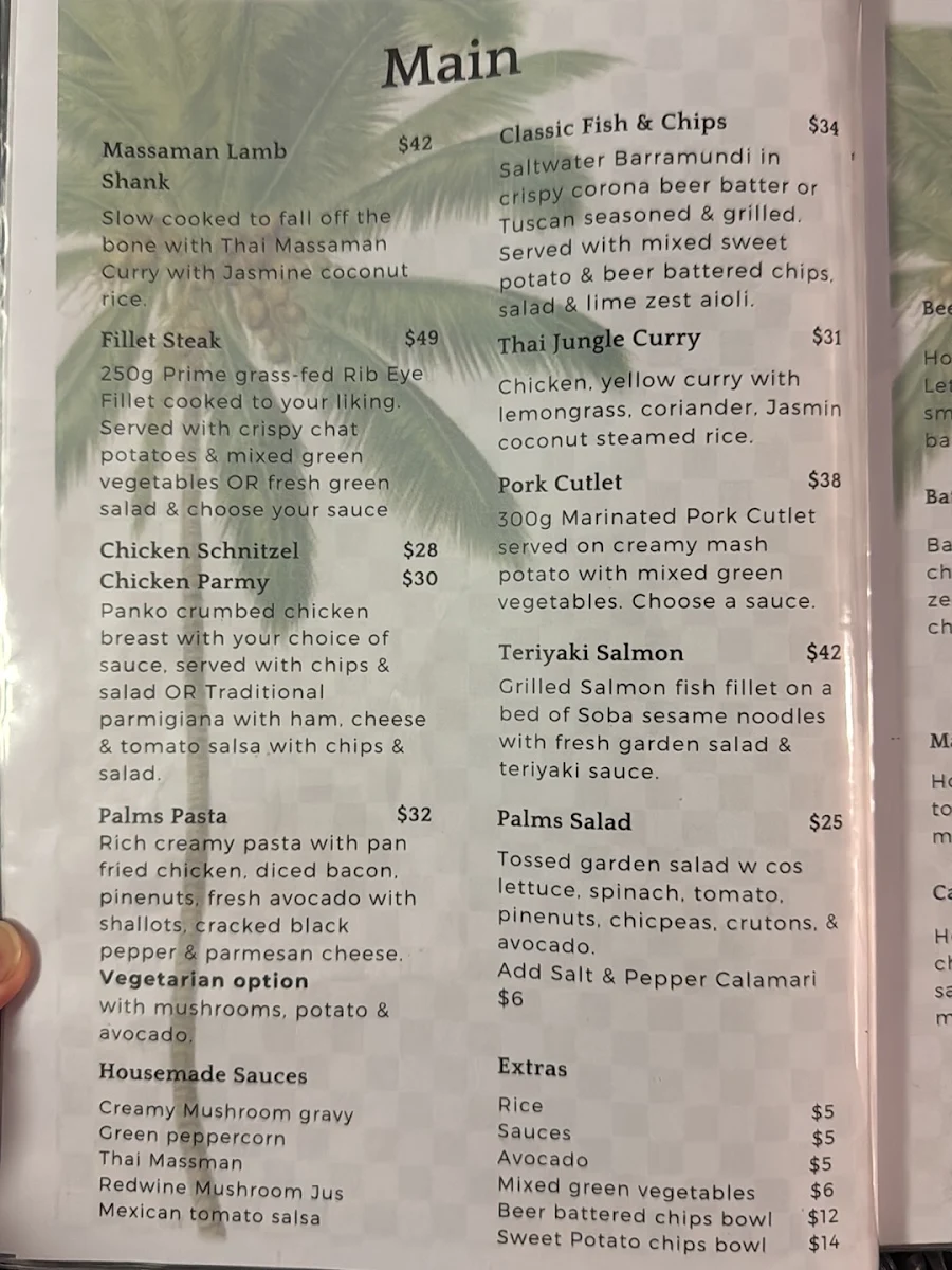 Menu, The Palms Restaurant & Bar