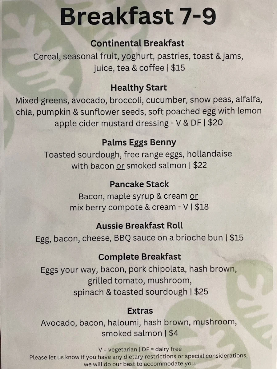 Menu, The Palms Restaurant & Bar