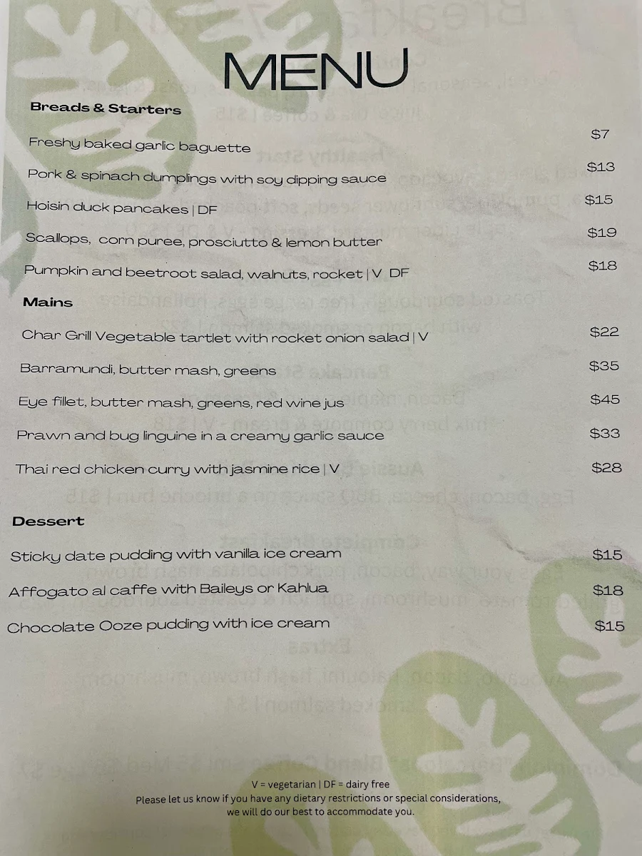 Menu, The Palms Restaurant & Bar