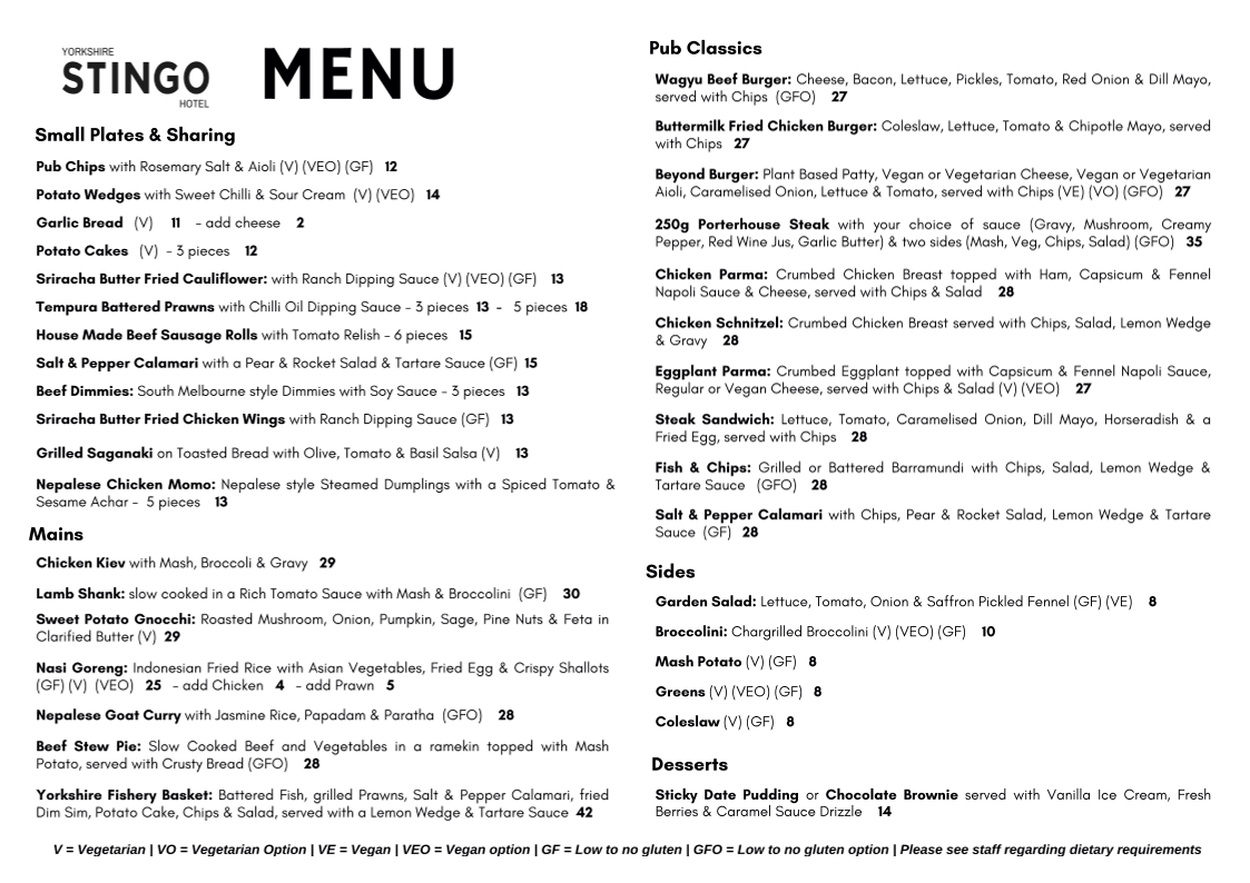 Menu, The Yorkshire Stingo Hotel