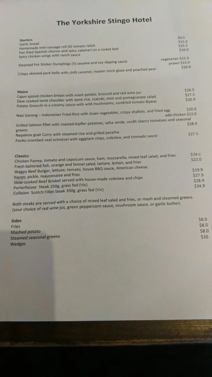 Menu, The Yorkshire Stingo Hotel