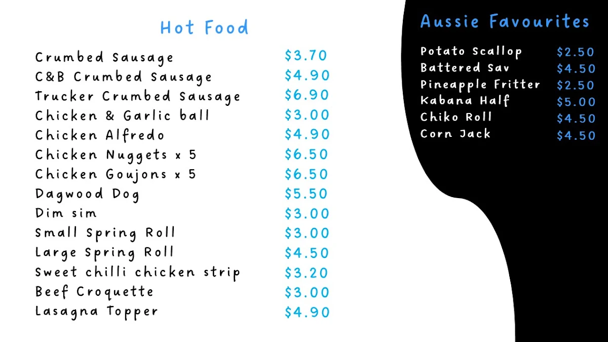 Menu, Ford & Webb's Fish & Chippery