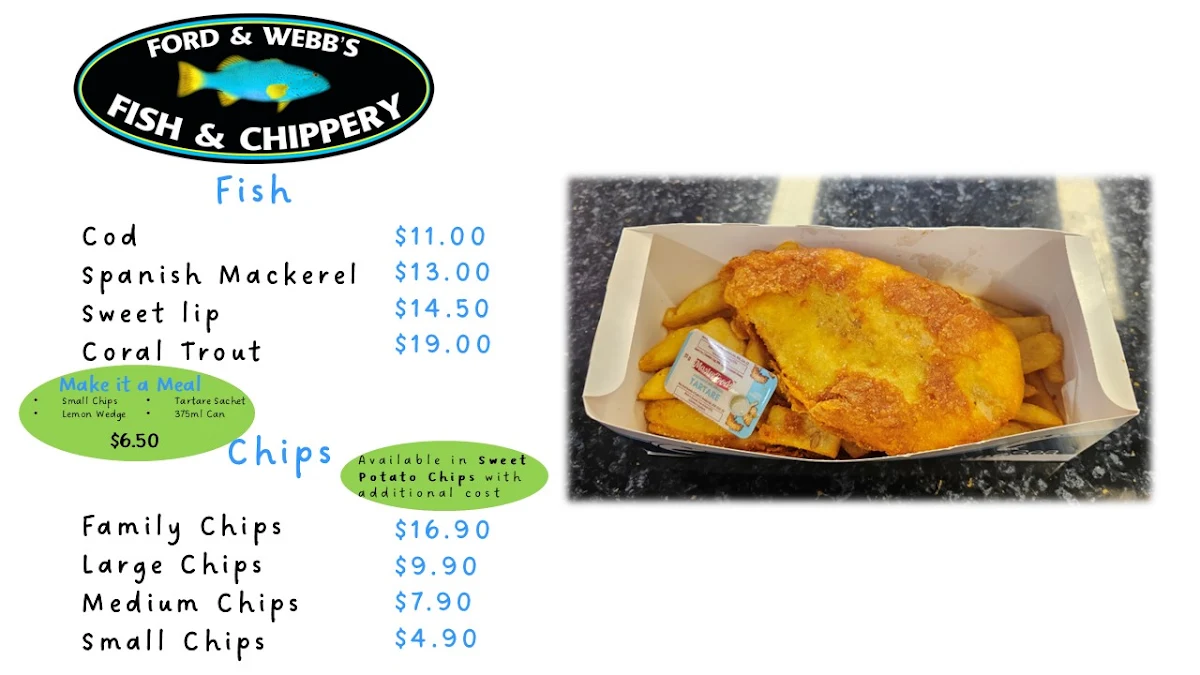 Menu, Ford & Webb's Fish & Chippery