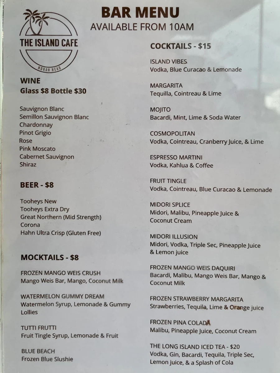 Menu, The Island Cafe