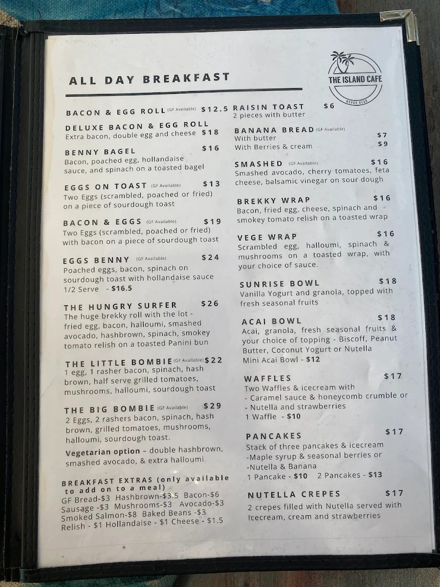 Menu, The Island Cafe